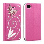 Wholesale Apple iPhone 4/4S Crystal Diamond Flip Wallet Case (Hot Pink)